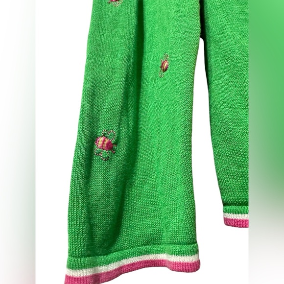 Quaker Factory silk bright green V-neck bumblebee cardigan with pink detail med - Picture 2 of 16